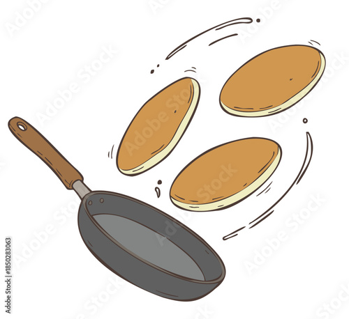 Hand drawn vector illustration of golden pancakes being tossed and flipping in a frying pan. Creative kitchen cooking concept isolated on white background for breakfast and food design.