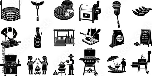 Assorted Barbecue and Grilling Icons in Black and White food cooking