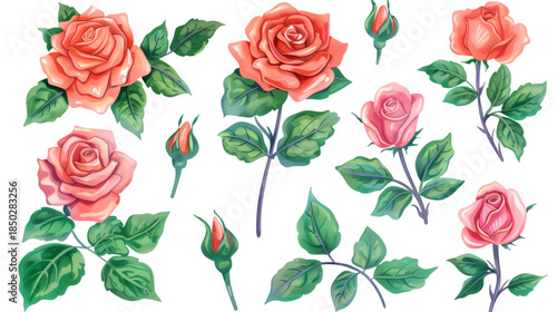 Set of rose flowers in vibrant hues on a white background isolated