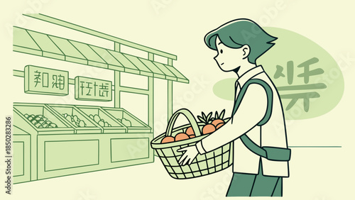 Young person in an Asian supermarket holding a basket of fresh fruit, signs with generic symbols, soft lighting, rounded features.