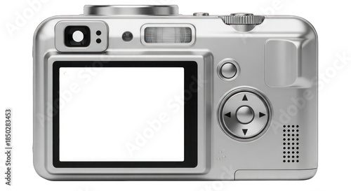 Silver digital camera with large screen isolated on white background
