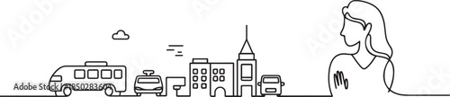 The woman drawn in line is a tour operator who works with hotels and airlines to develop tourist routes and create tours, including transportation. one line Icon drawing