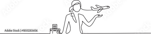 The woman drawn in line is a tour operator who works with hotels and airlines to develop tourist routes and create tours, including transportation. one line Icon drawing