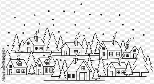 Snowy Village Line Art Illustration