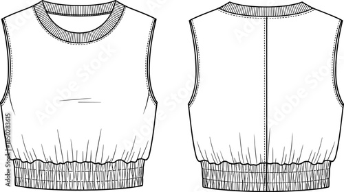 Sleeveless crop top technical illustration showing front and back views elastic hem flat vector fashion CAD apparel design template production