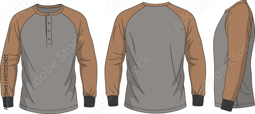 Men raglan henley shirt technical illustration with front back and side views flat vector fashion CAD apparel design template production