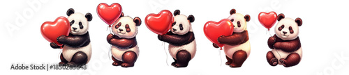 Five charming panda bears, each cradling a vibrant red heart, express a message of love and affection. valentines day, vector illustration