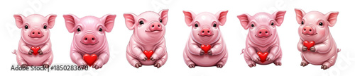 Six adorable pink pigs, each holding a red heart, exude charm and affection. valentines day, vector illustration