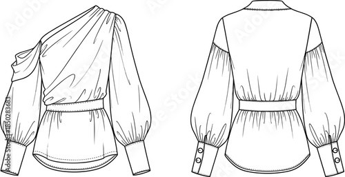 Women one shoulder blouse technical illustration showing front and back views elegant long sleeve flat vector fashion CAD design template