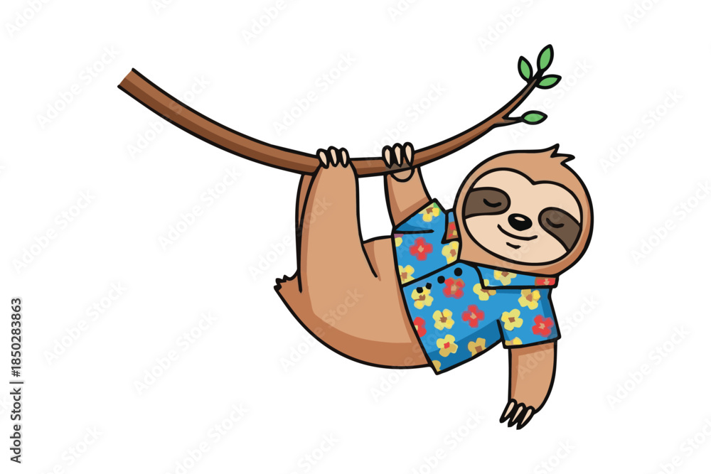 Obraz premium Charming cartoon sloth happily hanging from a branch wearing a floral shirt
