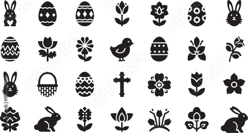 Easter holiday icon set featuring bunnies eggs and flowers