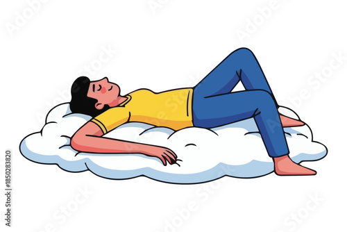A person peacefully resting and relaxing on a fluffy white cloud illustration