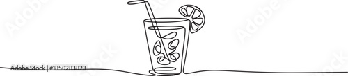 Glass of cocktail in continuous one line drawing. Mojito and beverage bar in simple linear style. one line Icon drawing