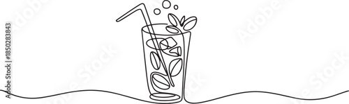 Glass of cocktail in continuous one line drawing. Mojito and beverage bar in simple linear style. one line Icon drawing