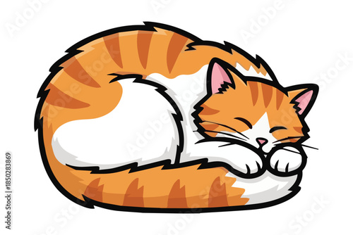 A curled up orange and white tabby cat peacefully sleeping in a cozy position