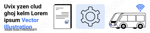 Document with edit icon, gear symbol, and smart bus with wireless signal representing connectivity. Ideal for technology, innovation, mobility, automation, communication, progress simple landing
