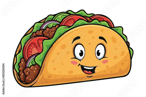 A cartoon taco with a smiling face and colorful fillings is displayed