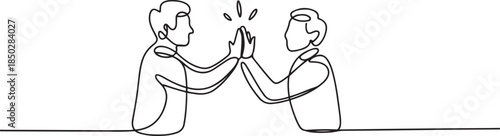 Continuous line drawing of two people clapping high five gesture. Business teamwork success sketch art editable stroke vector illustration. one line Icon drawing