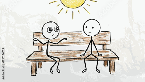 Stick Figures on Bench Showing Vulnerability and Innocence, stick figures, bench illustration, emotional expression, vulnerability art, open body language, child-like innocence, Sarah and Marcus, 