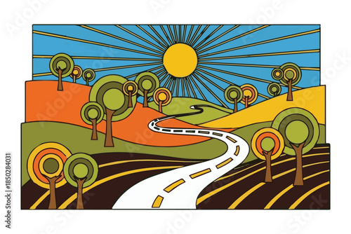 A winding road through a colorful landscape with sunburst and trees