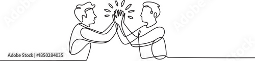 Continuous line drawing of two people clapping high five gesture. Business teamwork success sketch art editable stroke vector illustration. one line Icon drawing