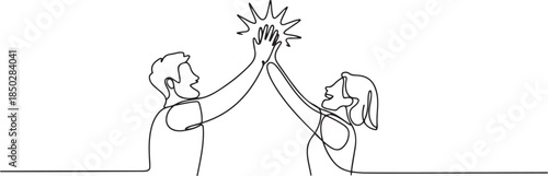 Continuous line drawing of two people clapping high five gesture. Business teamwork success sketch art editable stroke vector illustration. one line Icon drawing