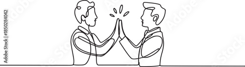Continuous line drawing of two people clapping high five gesture. Business teamwork success sketch art editable stroke vector illustration. one line Icon drawing