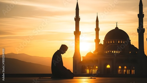 Silhouette of a man praying in front of a mosque at sunset