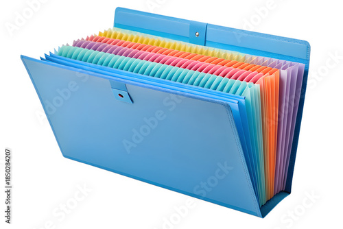 A bright blue expandable accordion file folder with multiple colored tabs, perfect for organizing documents and papers
