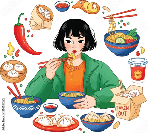 Woman enjoying various chinese food with chopsticks
