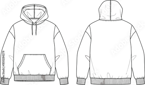 Technical drawing of a hoodie with front and back views