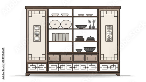 Traditional Asian style wooden cabinet with decorative items