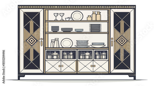 Elegant Art Deco china cabinet with dishes and glassware