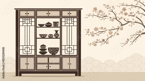 Elegant Chinese cabinet with decorative bowls and vase on shelves