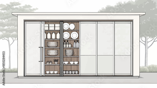 Modern outdoor kitchen storage unit with dishware and utensils