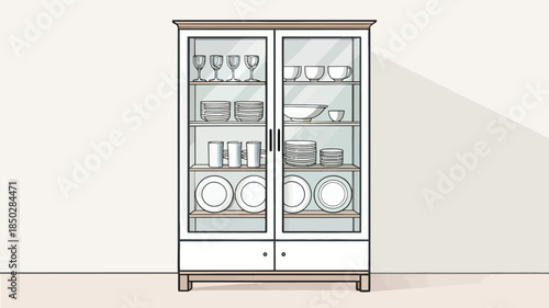 Elegant china cabinet filled with fine dining plates and glasses