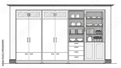Modern kitchen cabinet with organized dishes and cookware