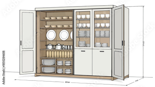 Large kitchen cabinet with open doors showing organized dishware