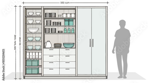 Large kitchen cabinet with dishes and storage space