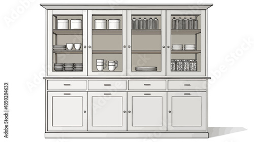 Large kitchen cabinet with organized dishes and glassware