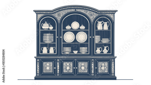 Elegant antique china cabinet with ornate details and fine china