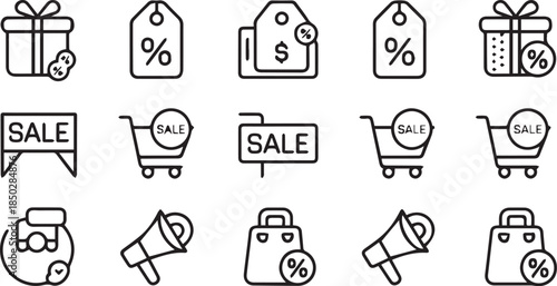 Isometric shopping icons: sale, discount, basket, tags, barcode, percent symbols