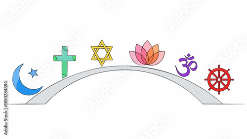 Illustrating the beautiful symbolism of major world religions interconnected by a bridge