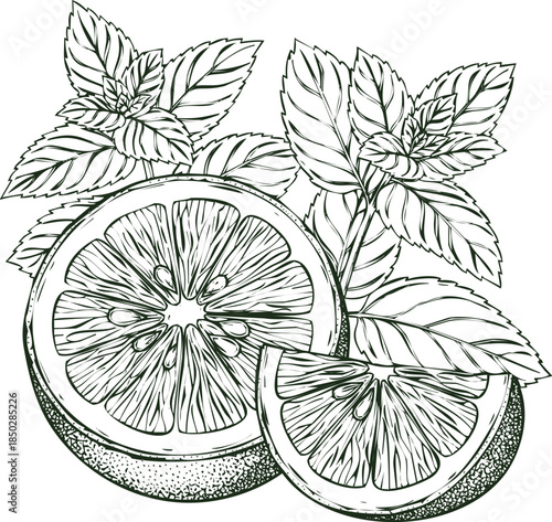 Hand Drawn Citrus Fruit Slice and Mint Leaves Illustration on White Background orange lemon