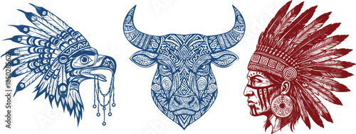 Native American headdress eagle, ornate bull head, and warrior profile with headdress indian