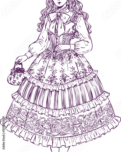 Purple Outline Drawing Of A Woman In A Victorian Lolita Style Dress With A Handbag female person