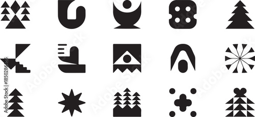 blackandwhite geometric shapes and icons on white background