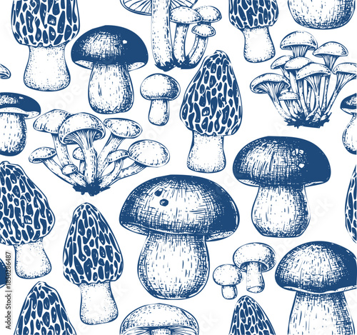 Seamless Pattern of Hand Drawn Blue Mushrooms on White Background Keywords: mushroom, mushrooms, fungi, fungus, pattern, seamless