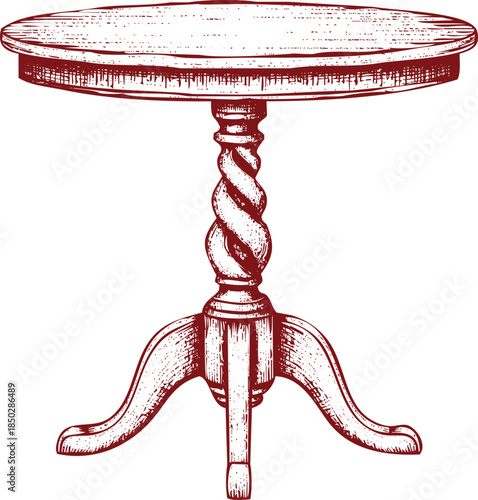 Reddish- Brown Sketch Of A Round Pedestal Table With A Twisted Pedestal round table wooden table