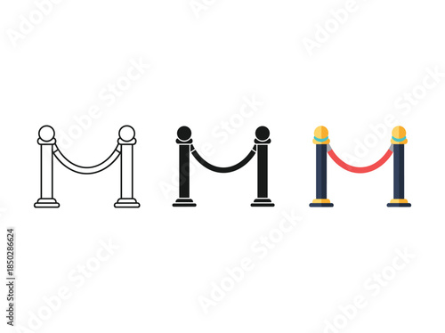Stanchion icons set outline black color red rope